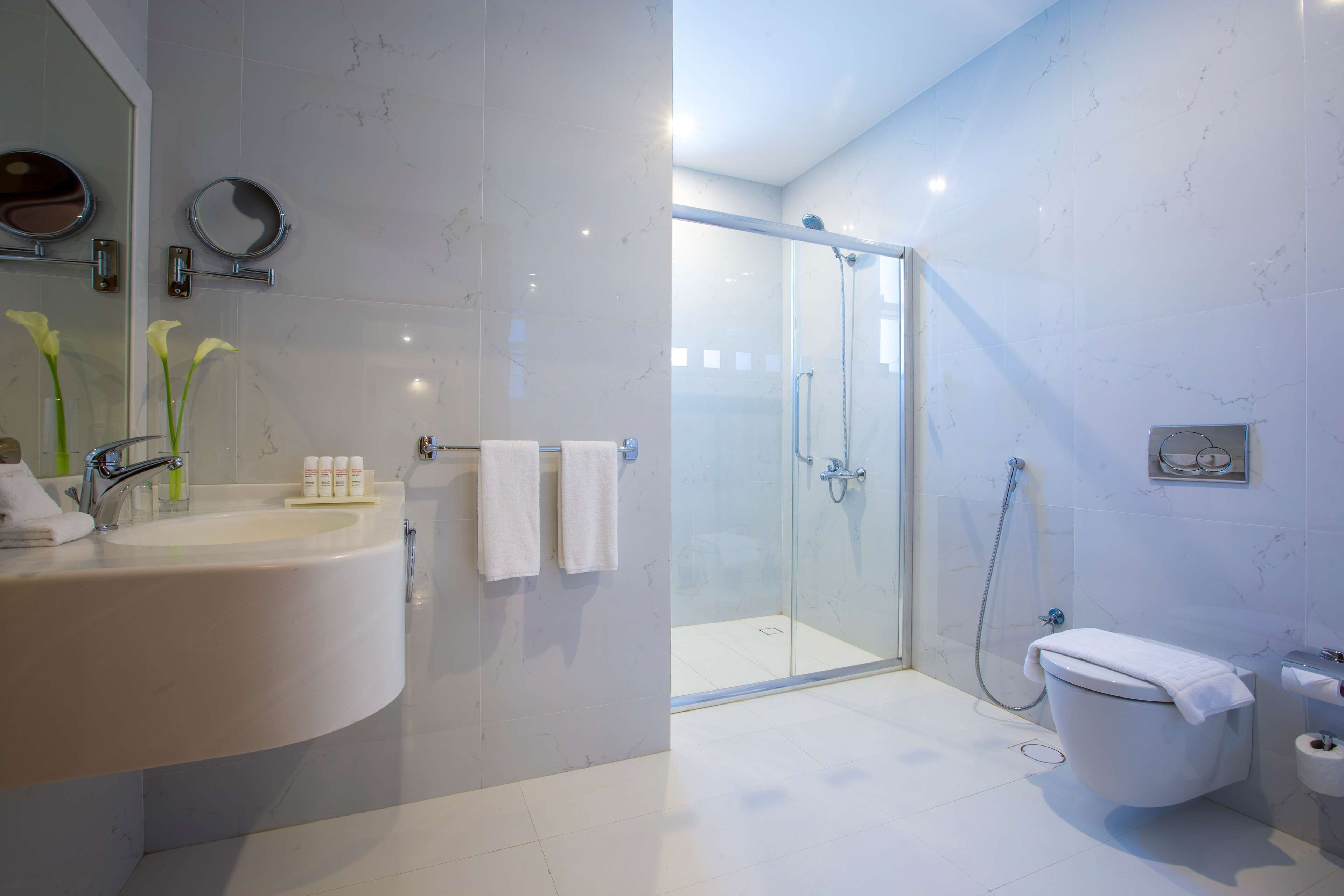 free toiletries, hair dryer, slippers, towels