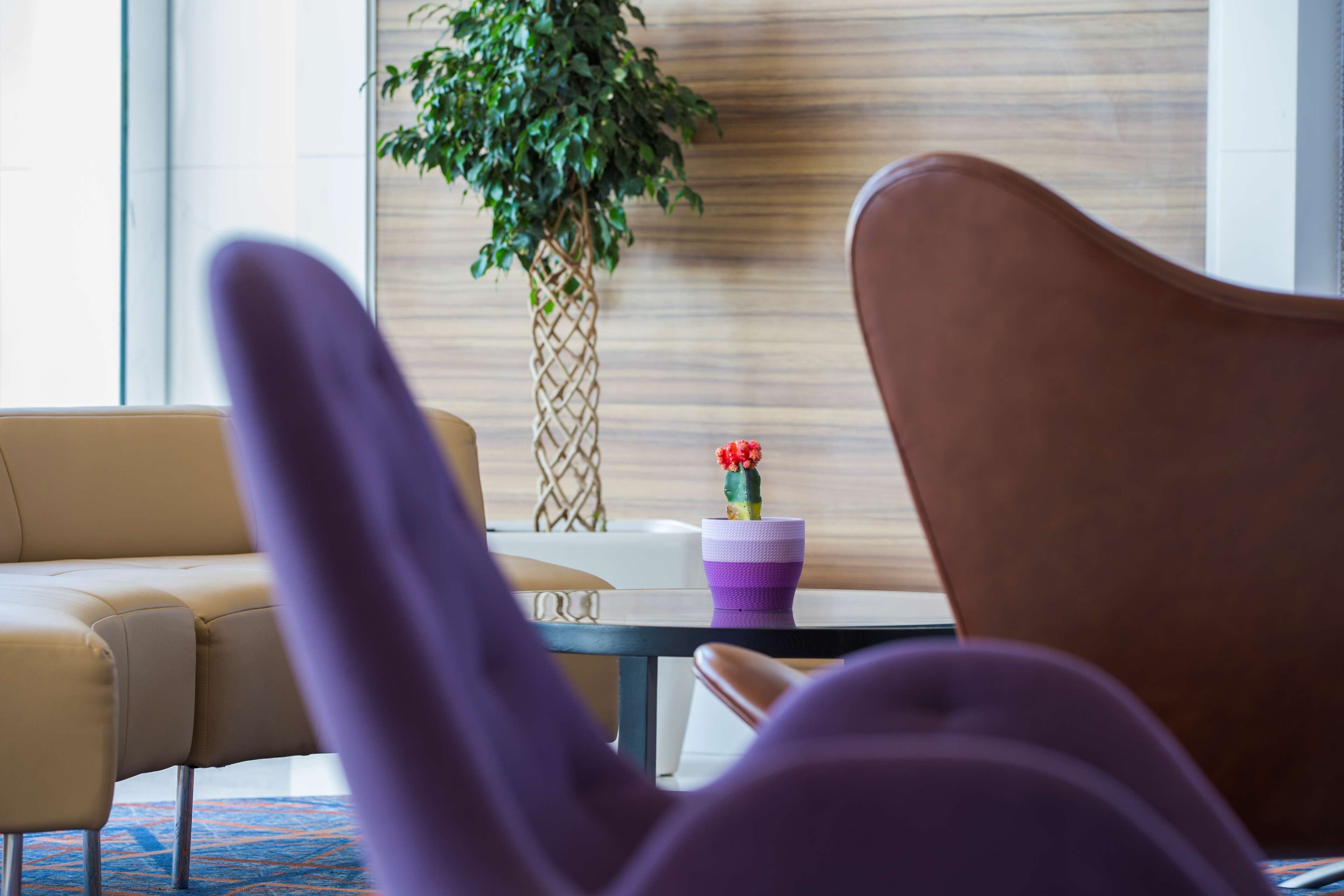 A modern room with a beige sofa, a purple chair, a small table with a potted plant, and a wooden wall.