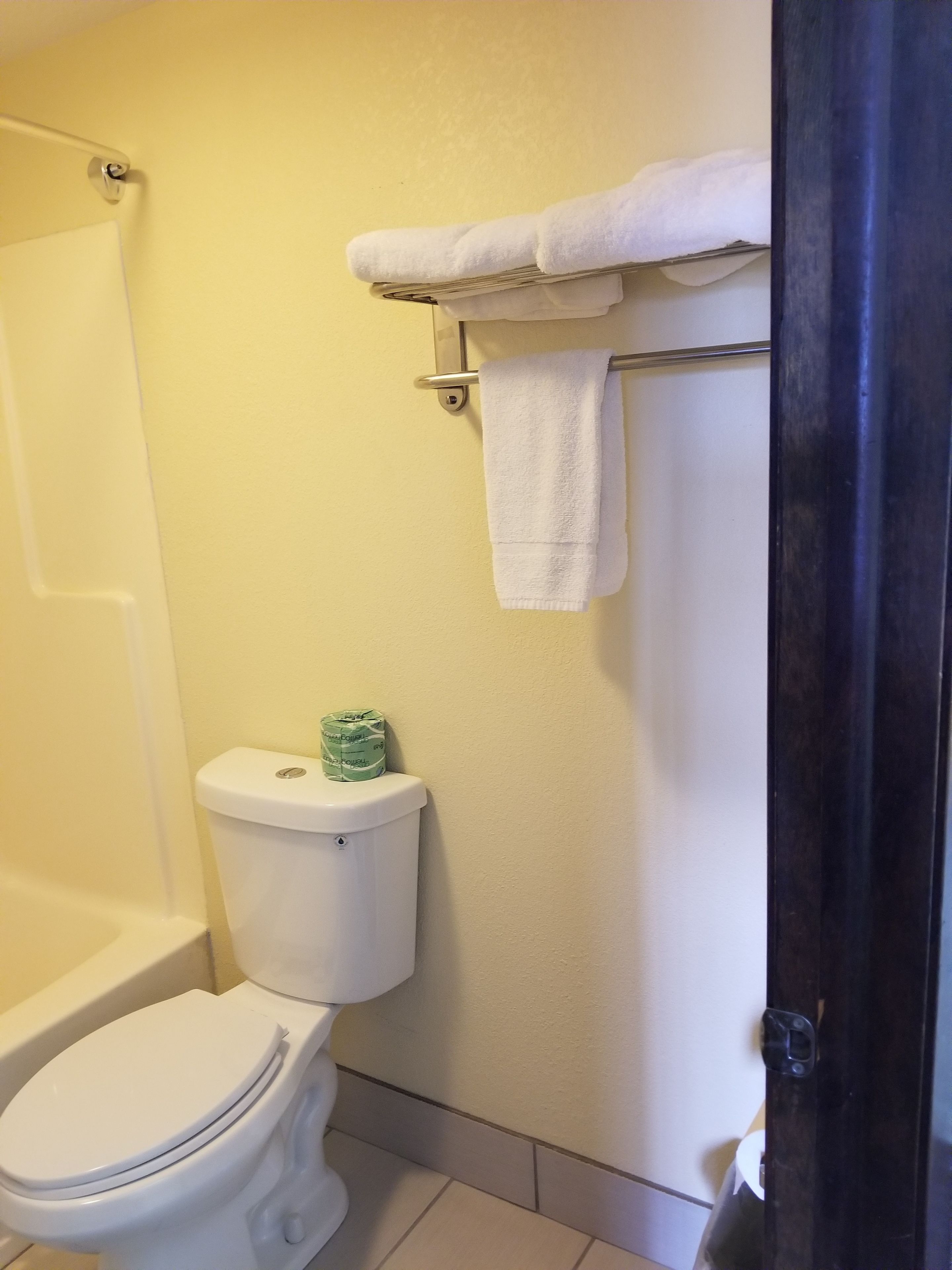 Un baño con inodoro, un perchero con una toalla blanca y un rollo de papel higiénico.