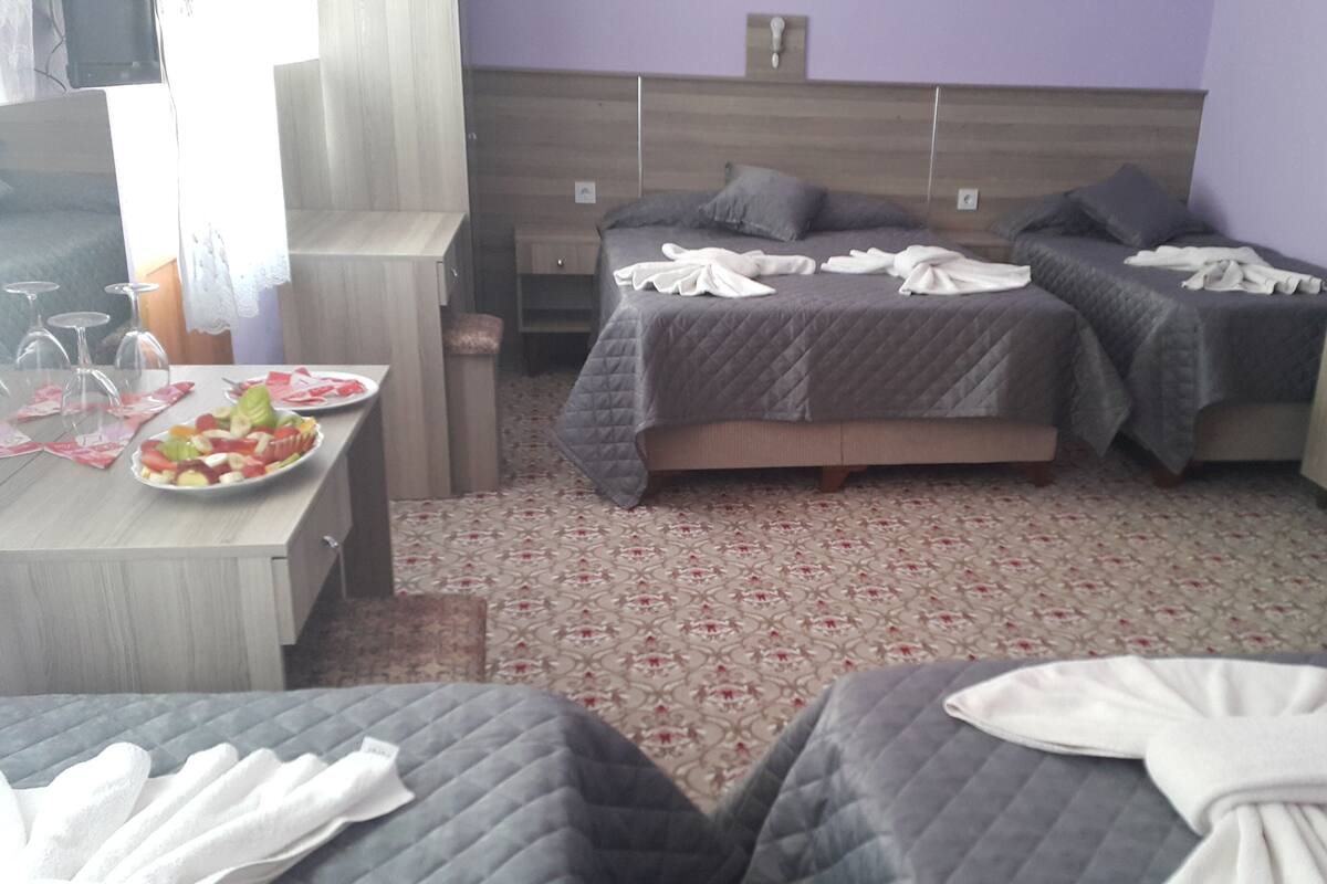 Une chambre d’hôtel avec deux lits, une petite table sur laquelle est disposée une assiette de fruits et un miroir.