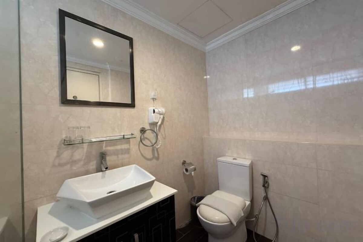 Combined shower/bathtub, free toiletries, hair dryer, bidet