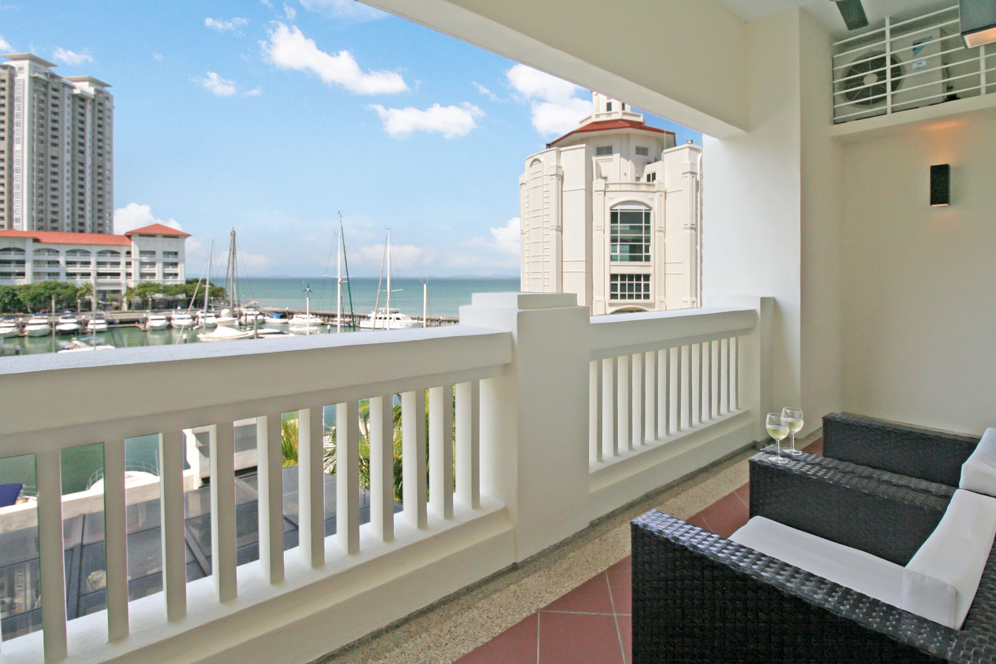 romantic apartment, 1 queen bed, marina view, sea facing | balcony