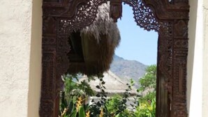 Un portal de madera ornamentado con intrincados grabados, que da paso a un exuberante jardín con diversas plantas y una montaña al fondo.