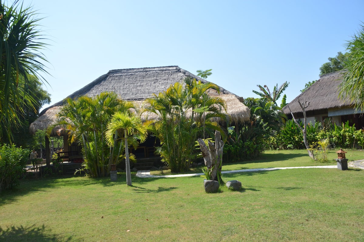 A traditional thatched-roof building surrounded by lush greenery and a well-maintained lawn.