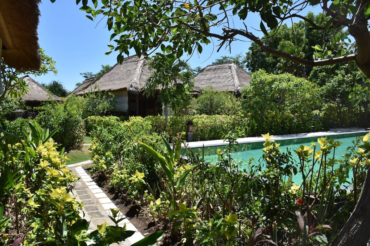 A poolside area with thatched-roof huts, lush greenery, and a clear blue sky.
