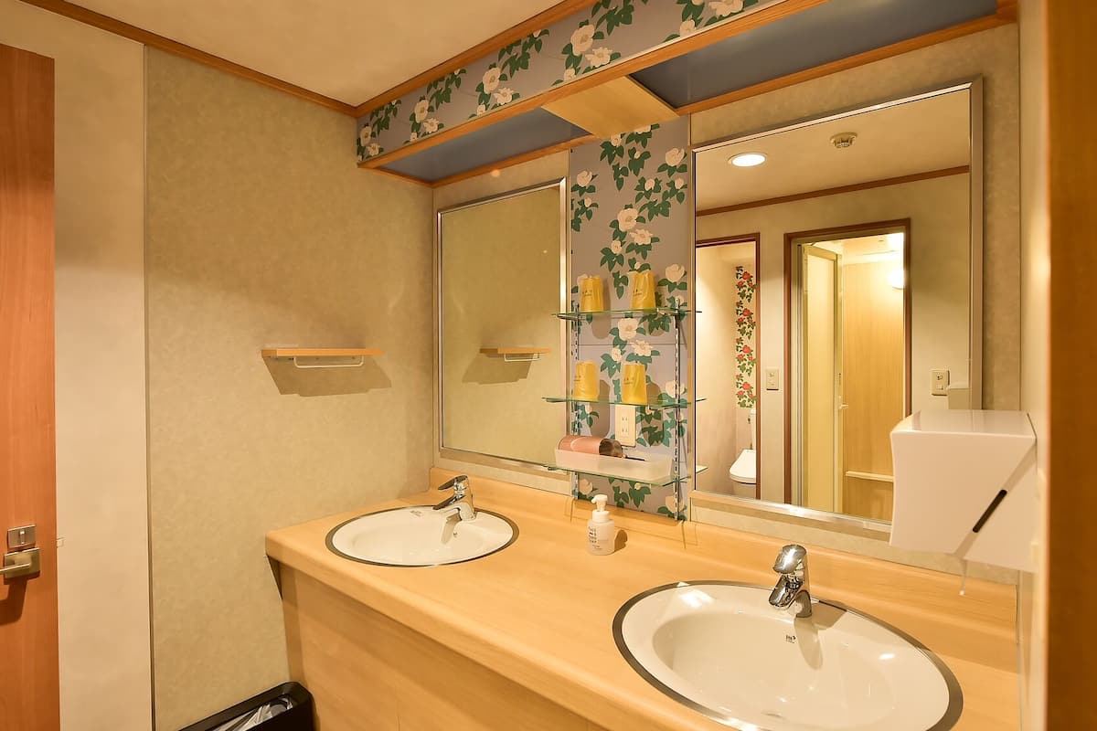 Une salle de bain avec deux lavabos, un miroir et des toilettes visibles dans le reflet.