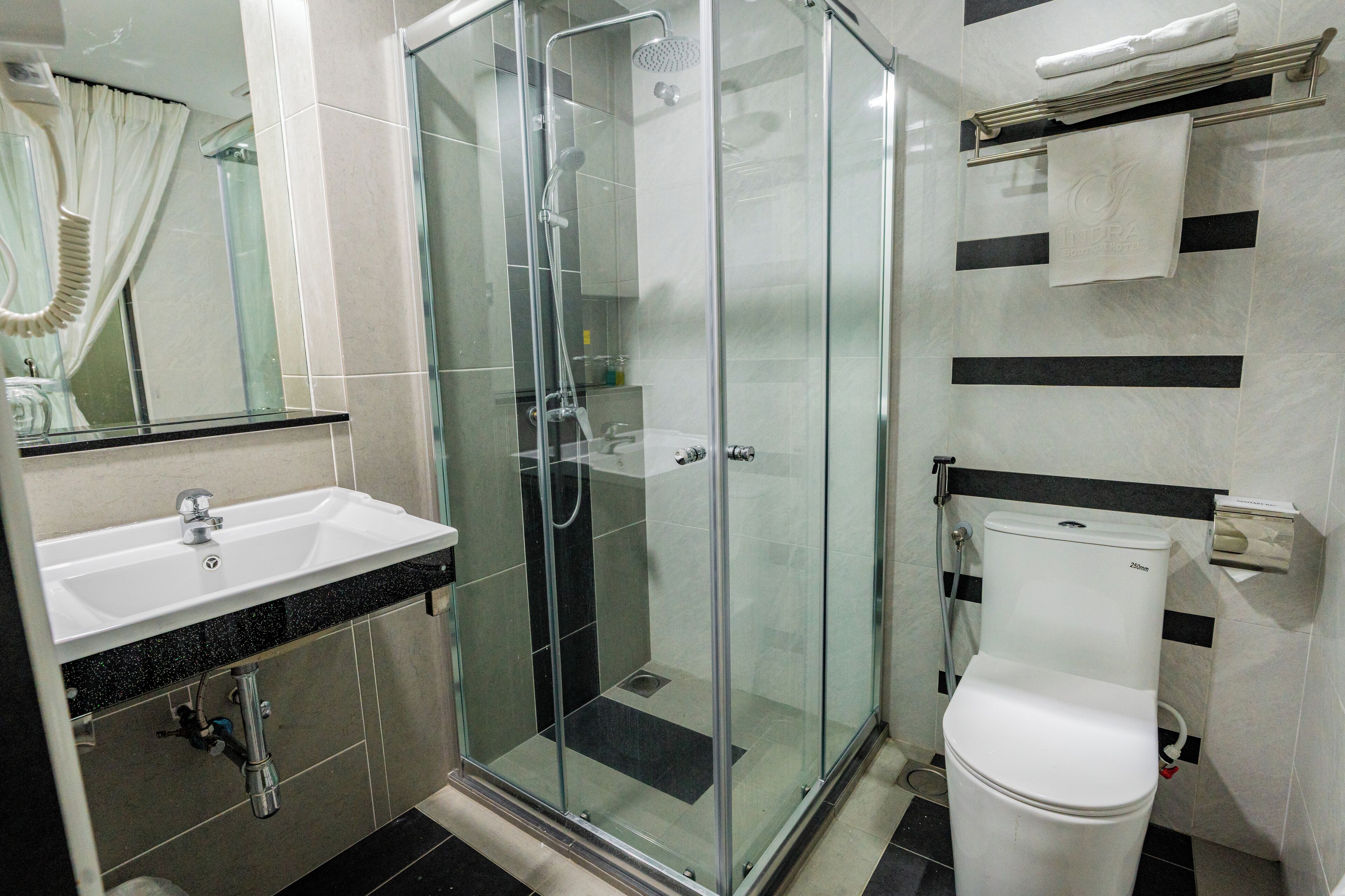 A modern bathroom with a glass-enclosed shower, a white sink, and a toilet.