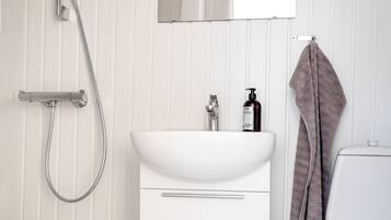 Un baño moderno con ducha, lavamanos e inodoro.
