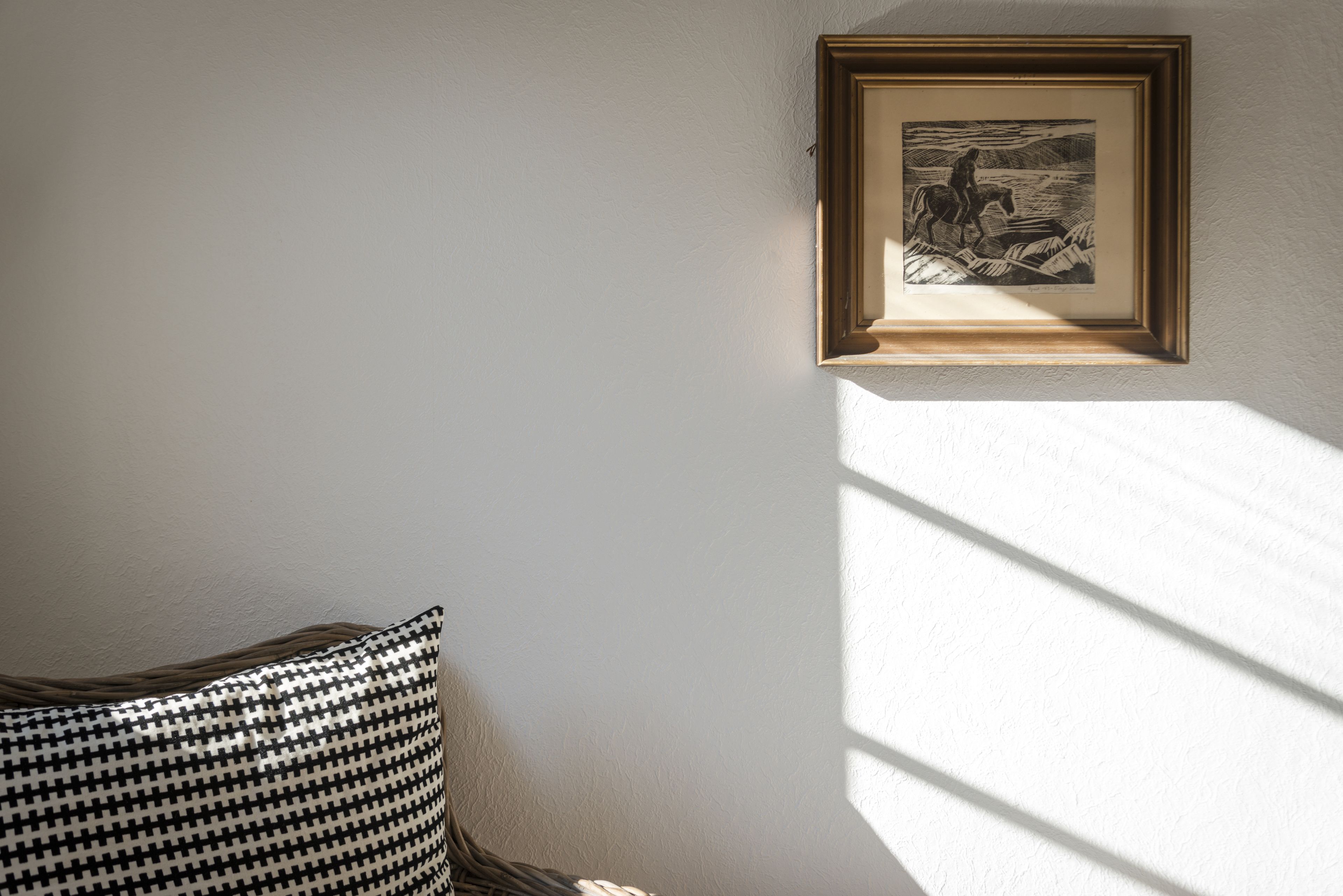 A framed artwork on a wall, a patterned pillow, and a shadow cast by a window.