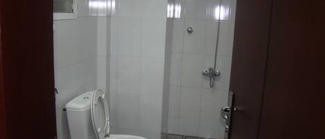 A small, compact bathroom with a toilet, a shower, and a sink.