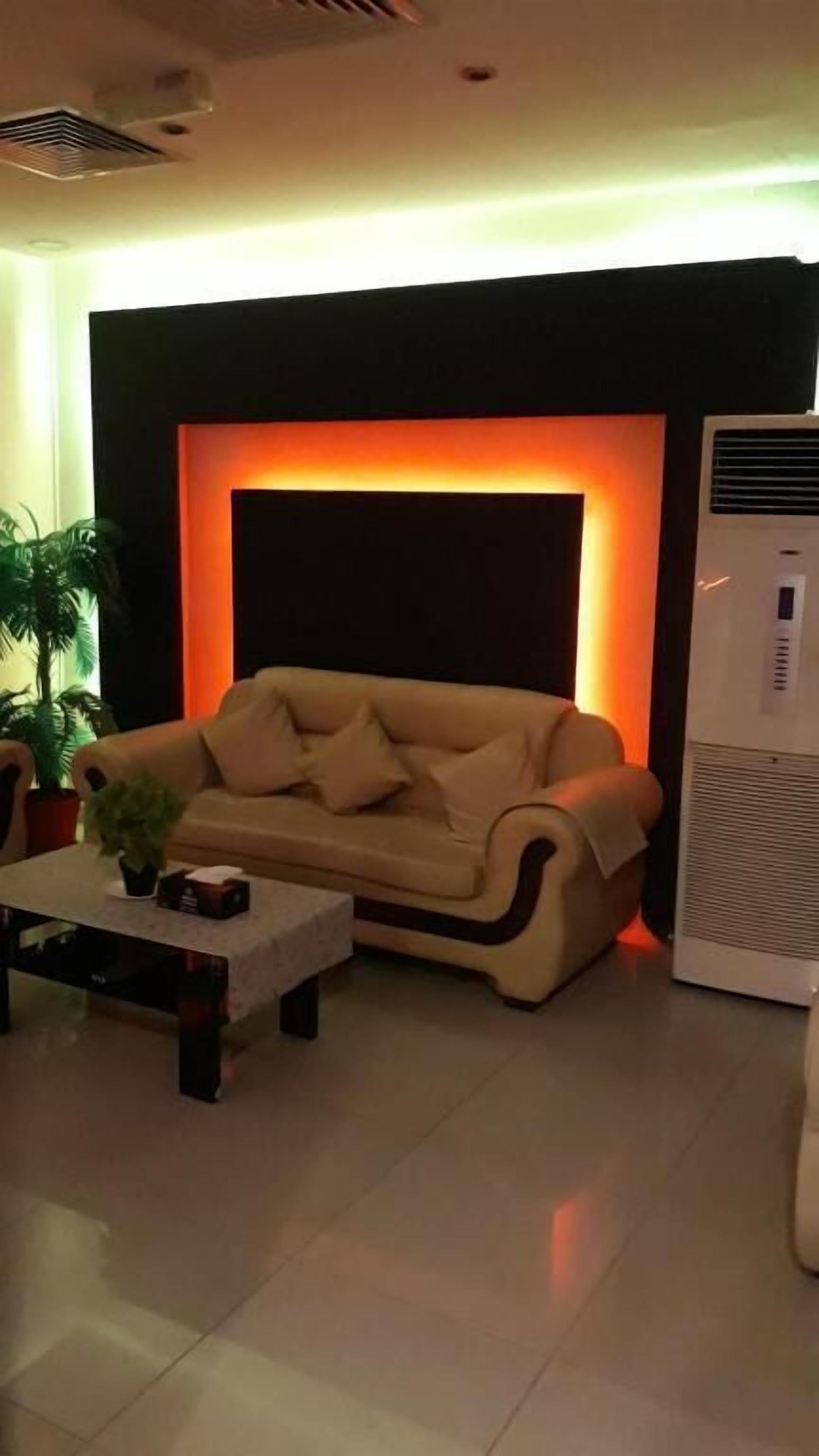 A modern living room with a sofa, a coffee table, and a potted plant.