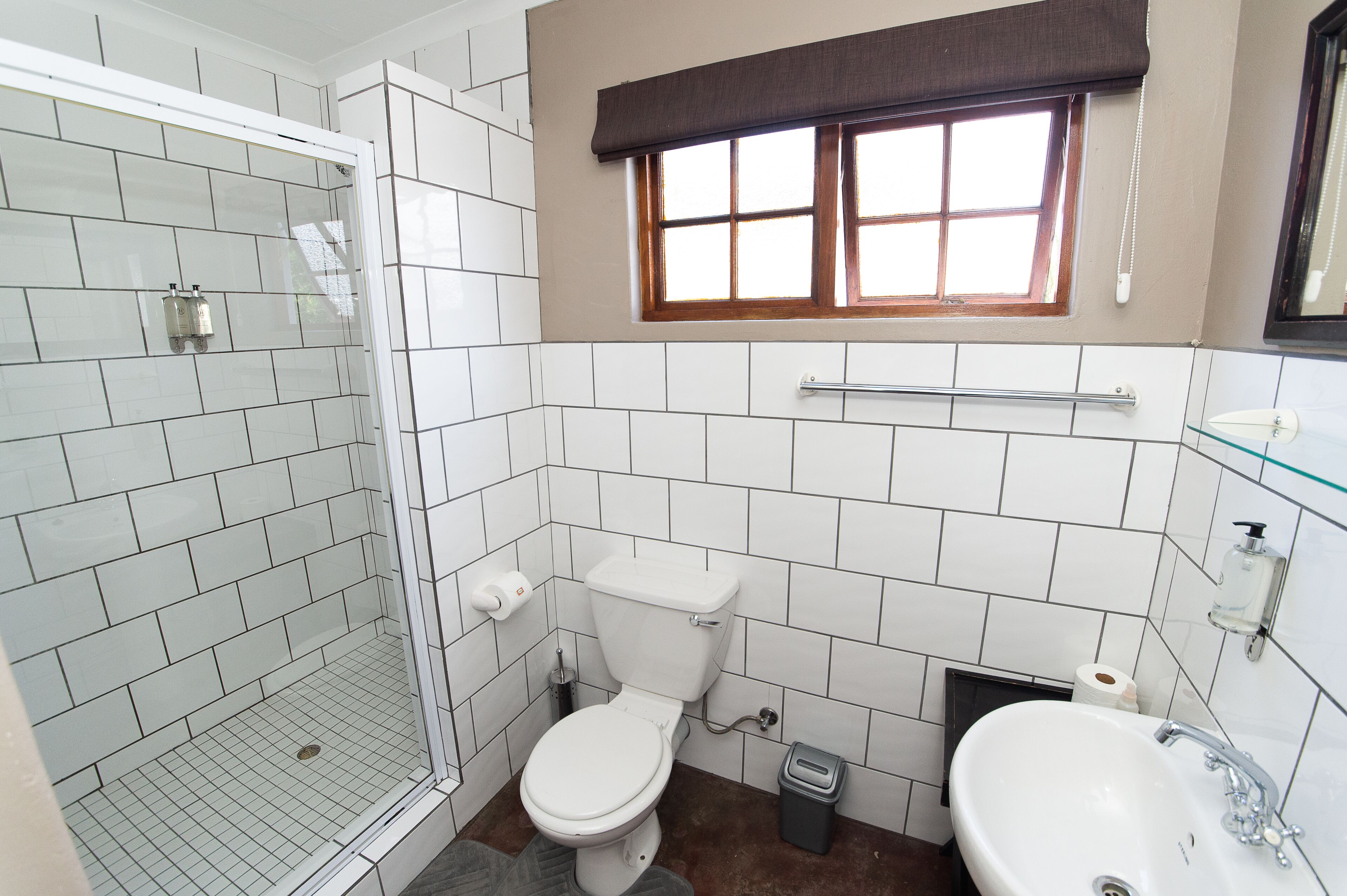 Une salle de bain avec douche, toilettes et lavabo.