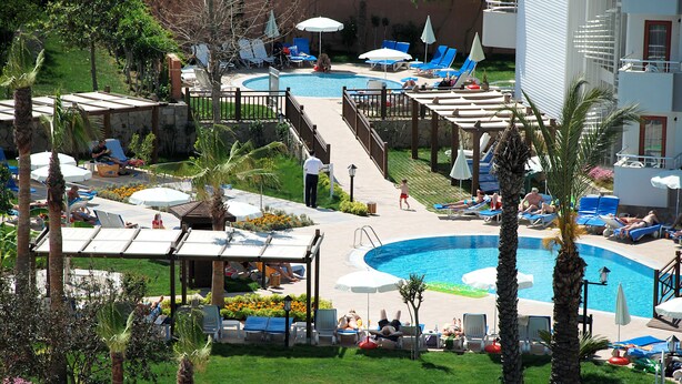Un área de piscina con múltiples sillas de descanso y sombrillas, rodeada de palmeras y un pequeño jardín.