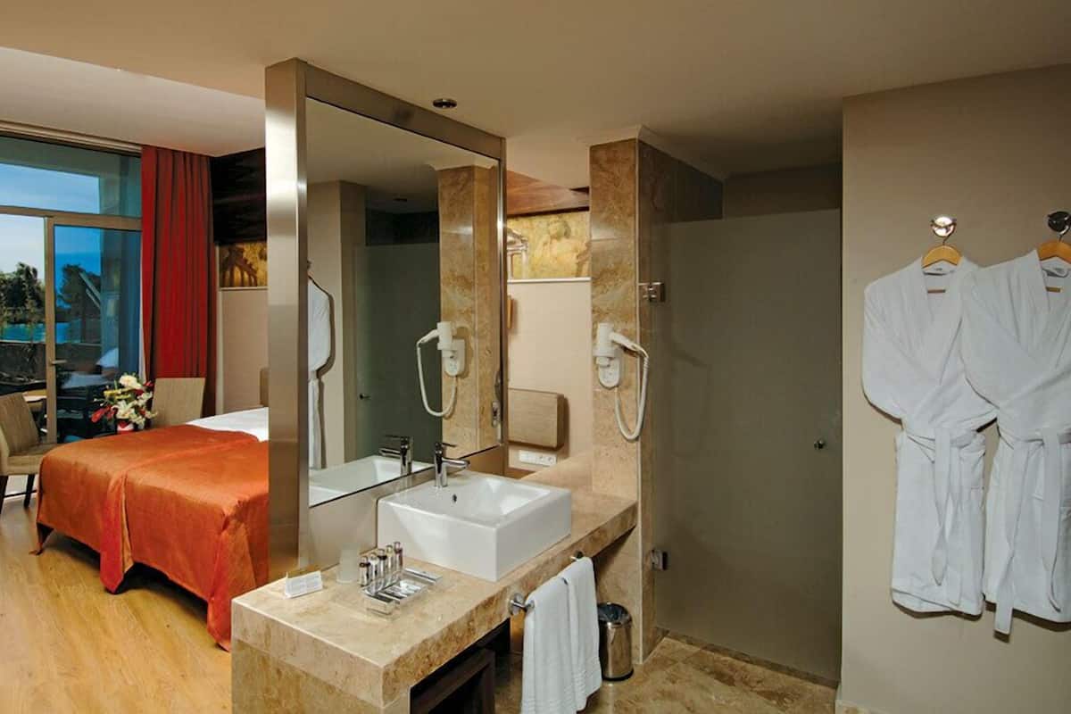 A hotel room with a large bed, a bathroom with a sink and mirror, and a view of the outdoors.