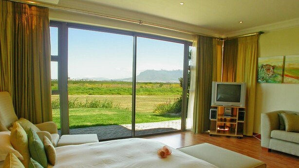 Habitación de hotel con una cama grande, televisión y vistas a un paisaje verde.