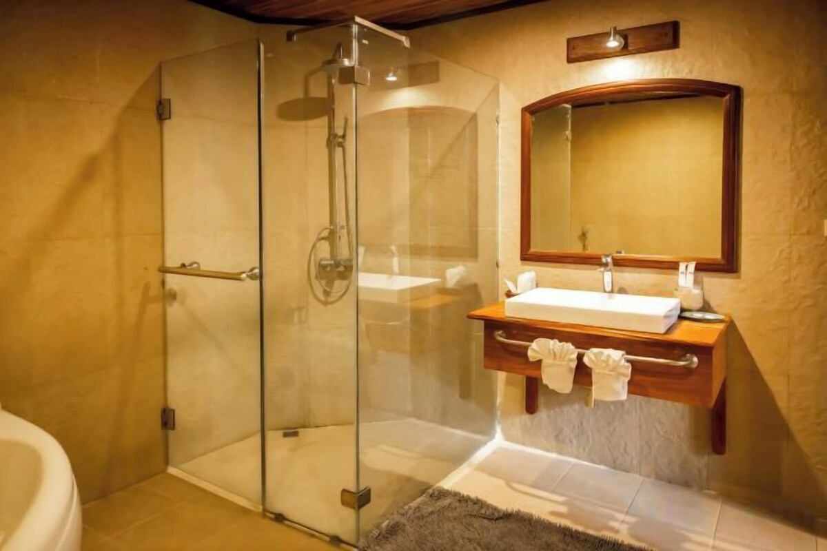Bathroom | Combined shower/tub, free toiletries, hair dryer, bathrobes
