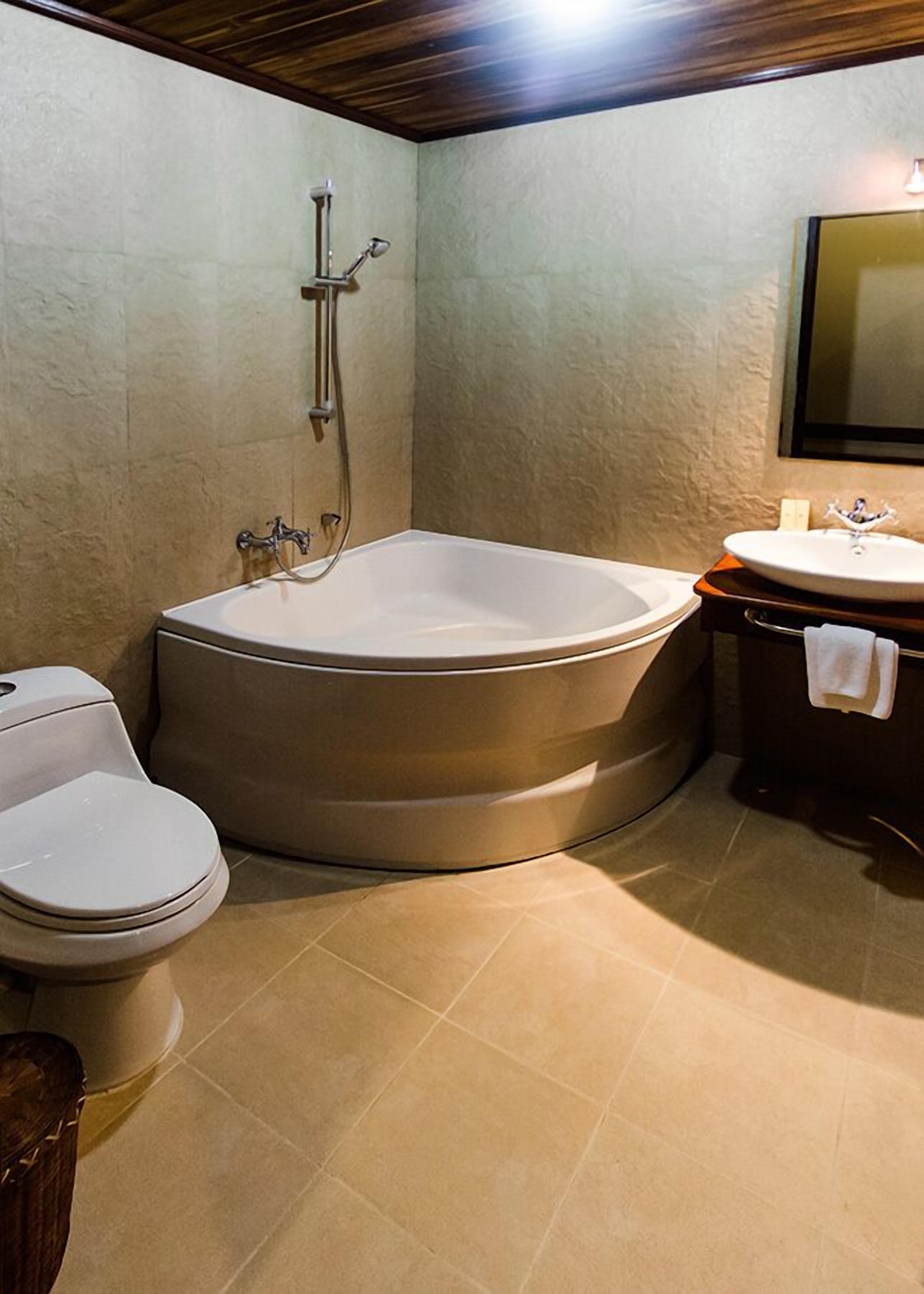 combined shower/bathtub, free toiletries, hair dryer, bathrobes