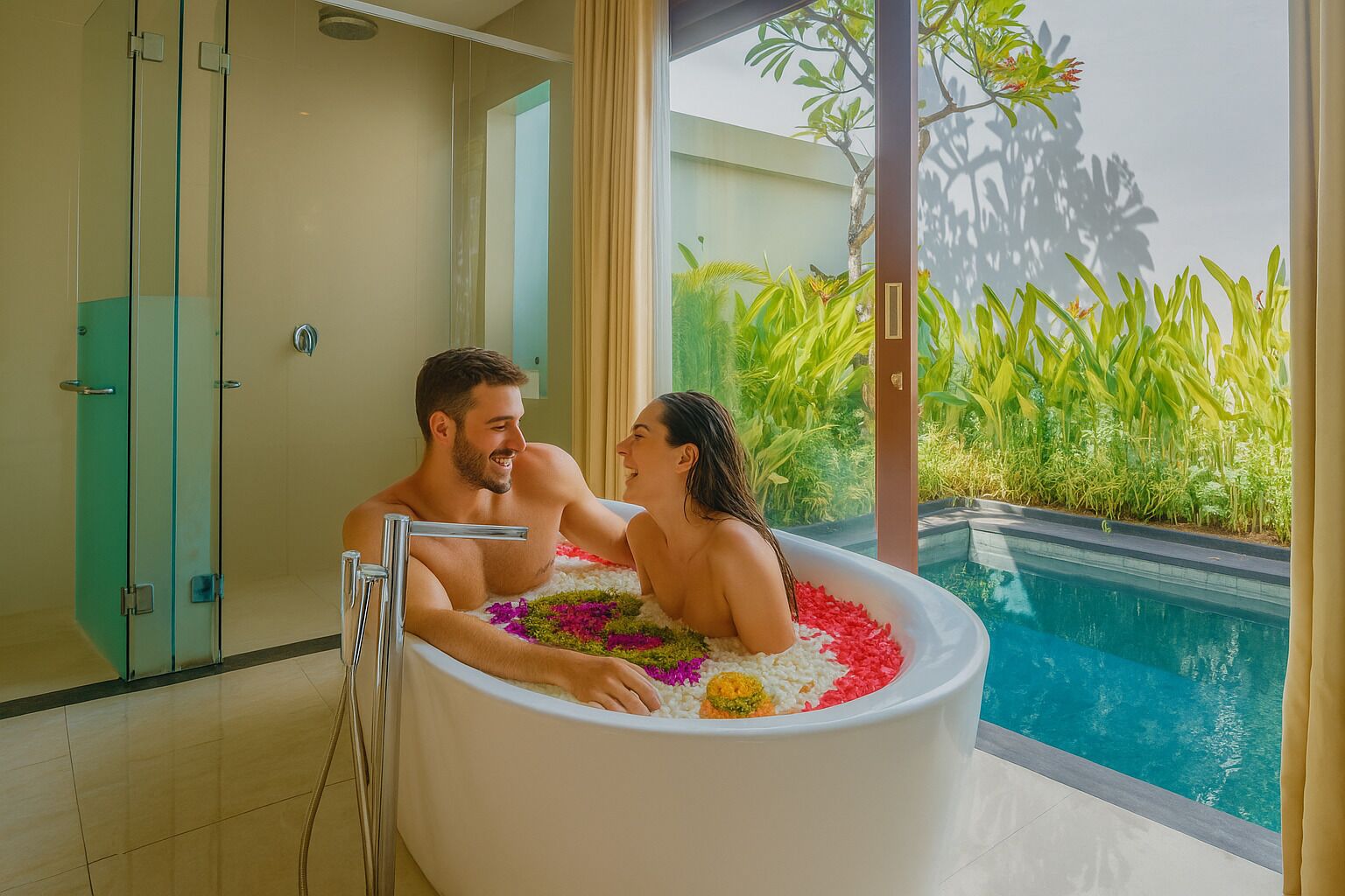 Romantic Villa, 1 Bedroom, Private Pool | Bathroom | Separate tub and shower, deep soaking tub, rainfall showerhead