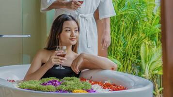 Romantic Villa, 1 Bedroom, Private Pool | Bathroom | Separate tub and shower, deep soaking tub, rainfall showerhead
