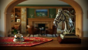 Una habitación con una mesa de madera, un tapete rojo, una estatua de un caballo y una campana sobre la mesa.