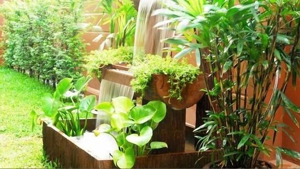 Un jardín con fuente de agua, diversas plantas y una jardinera de madera.