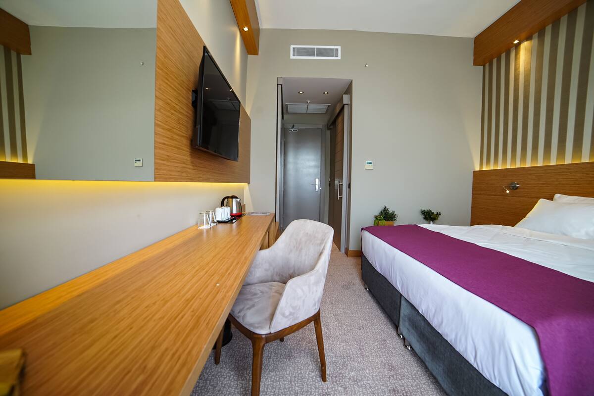 Una habitación de hotel con un escritorio de madera, una silla, una cama con una manta morada, un televisor montado en la pared y una planta pequeña en la mesita de noche.