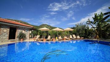 A clear blue swimming pool with a dolphin mosaic, surrounded by lounge chairs and umbrellas, set against a backdrop of a stone building and lush greenery.