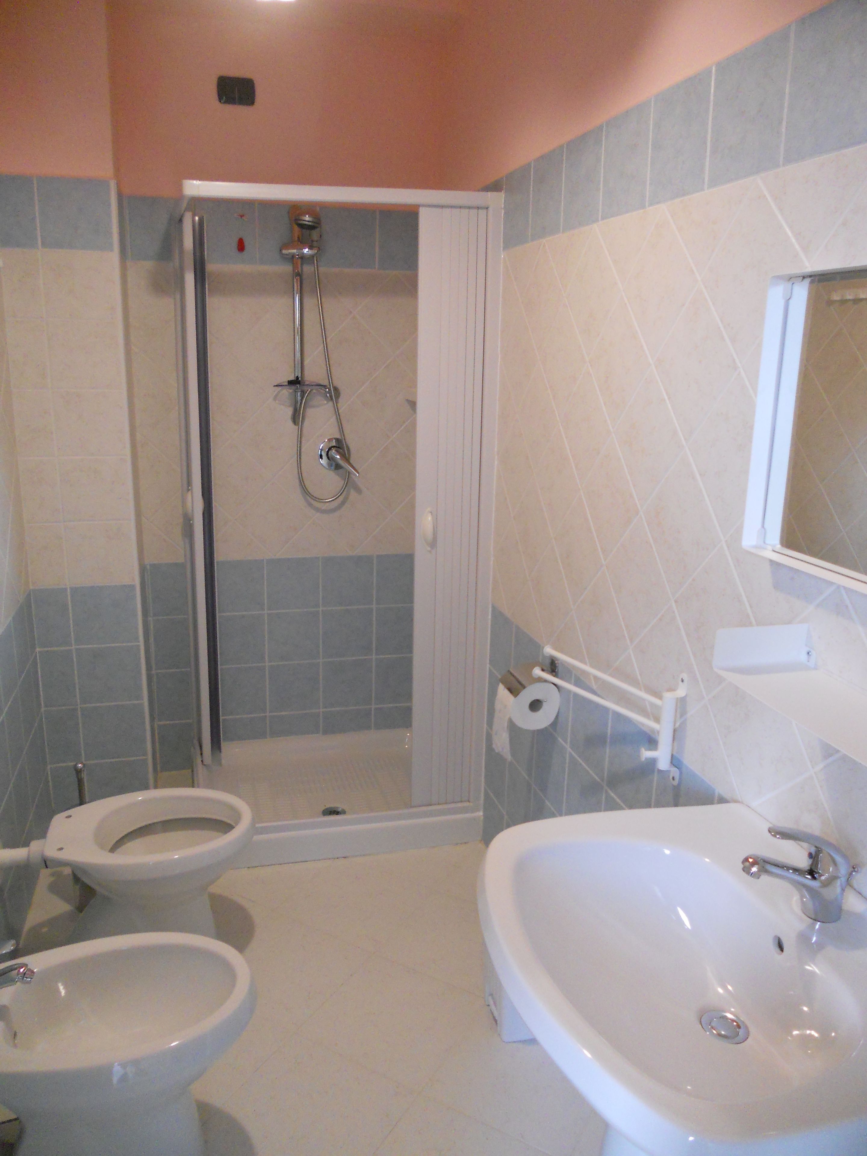 Een badkamer met een douche, toilet en twee wasbakken.