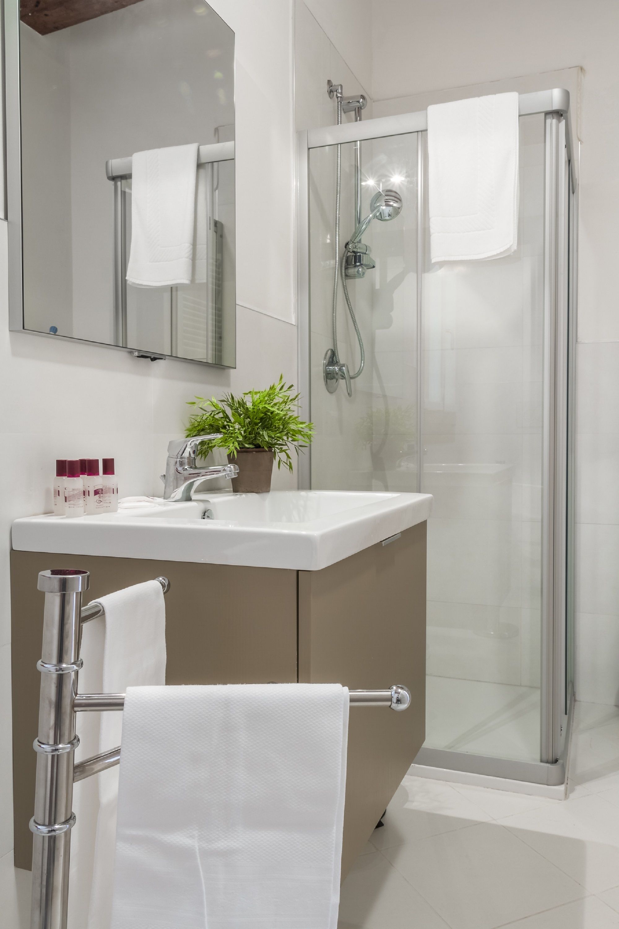 Ein modernes Badezimmer mit einer Duschkabine aus Glas, einem weißen Waschbecken mit Blumentopf und einem Handtuchhalter.