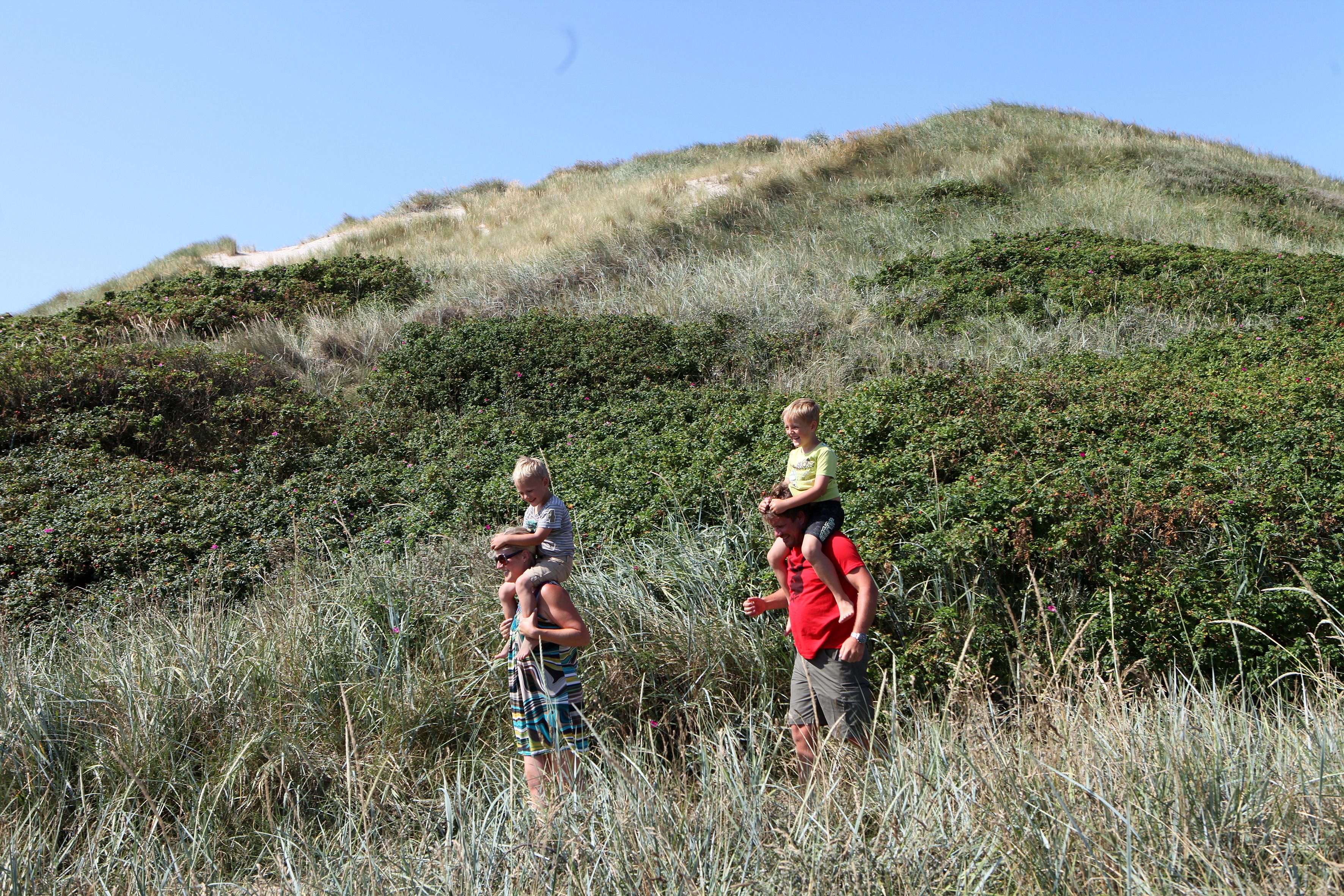 A person carrying a child on their shoulders in a natural setting with a hill and dense vegetation in the background.