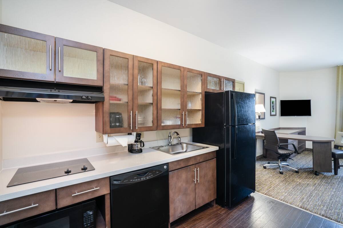 fridge, microwave, stovetop, dishwasher