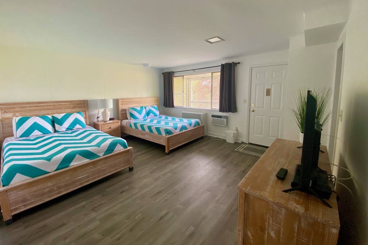 Una habitación de hotel con dos camas de madera, un escritorio, una planta en maceta y un ventanal con cortinas.
