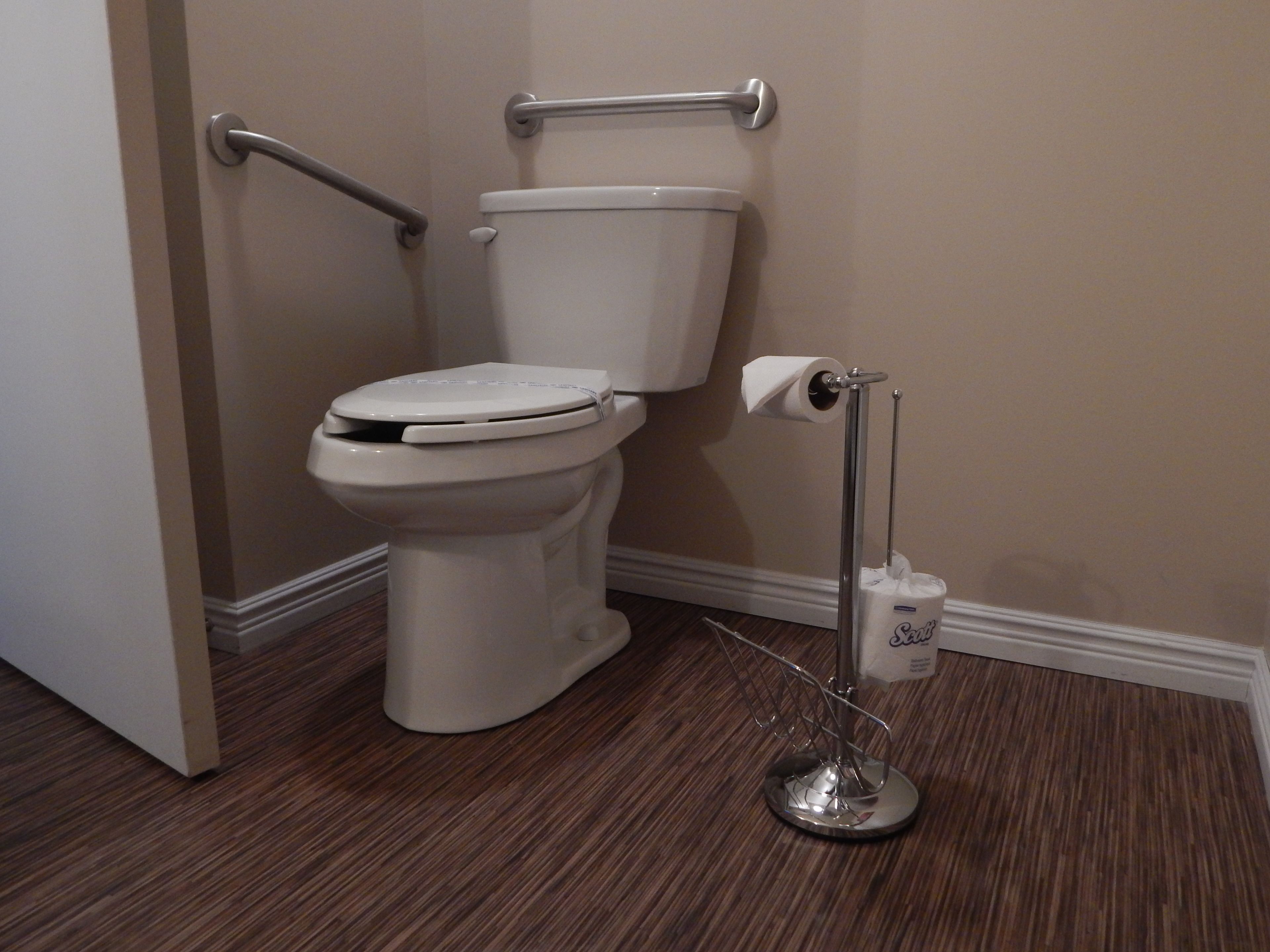 A bathroom with a toilet, a handrail, and a toilet paper holder.