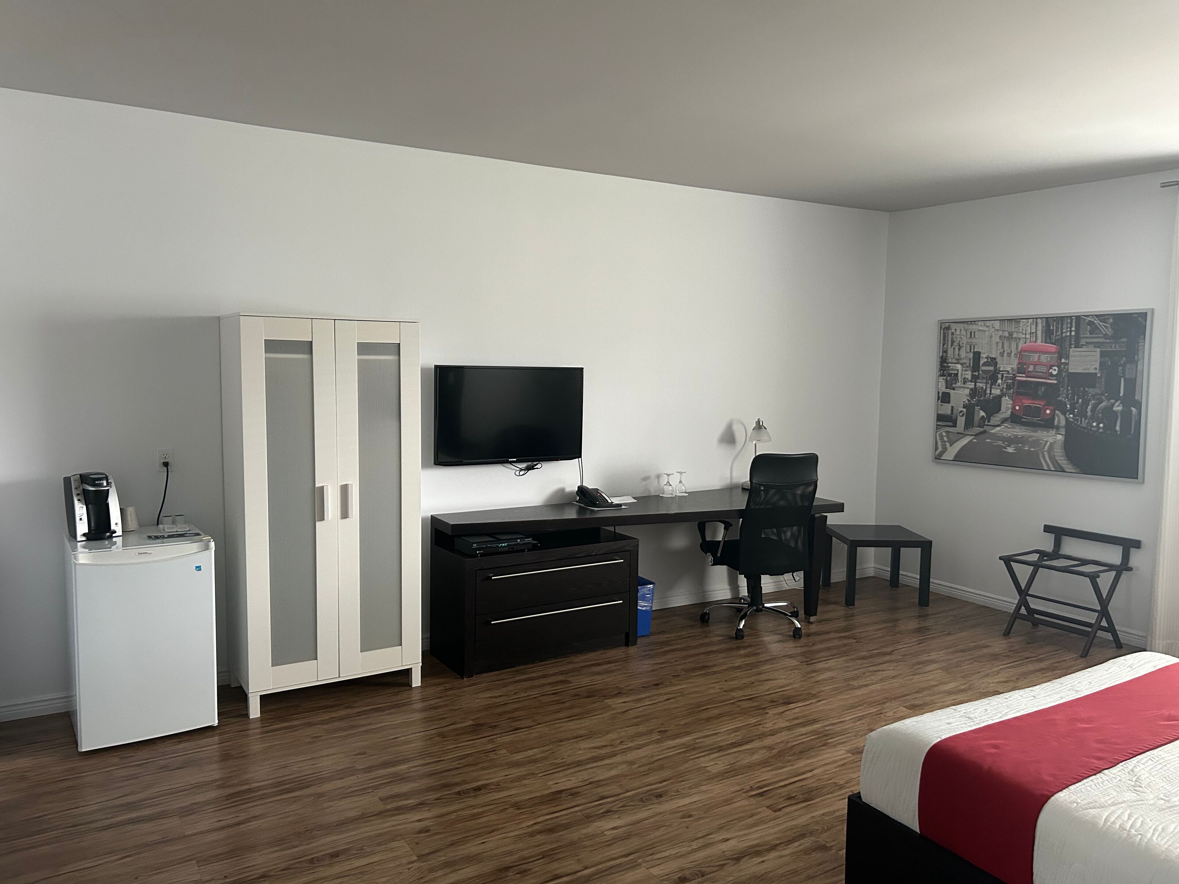 desk, blackout curtains, soundproofing, iron/ironing board