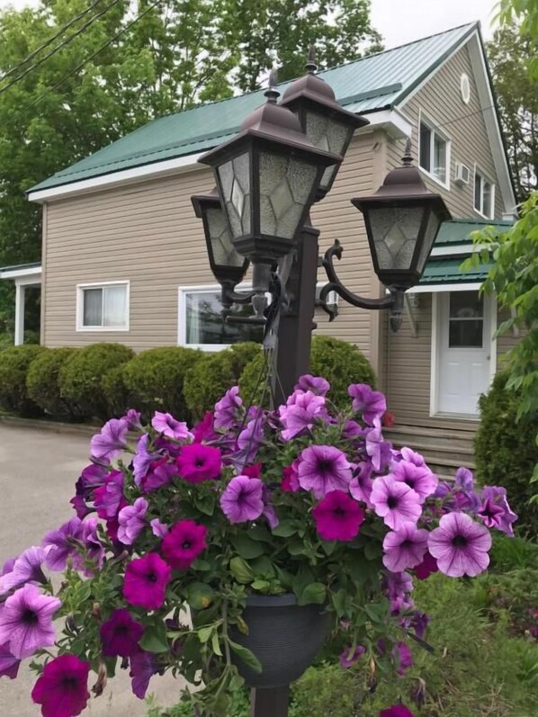 Una farola con dos lámparas y una maceta con flores moradas.