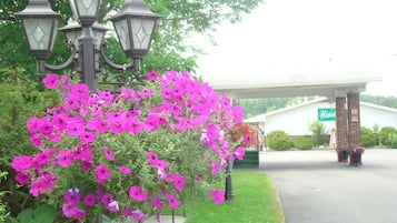 Classic roadside charm with ornate street lamps and lush greenery.