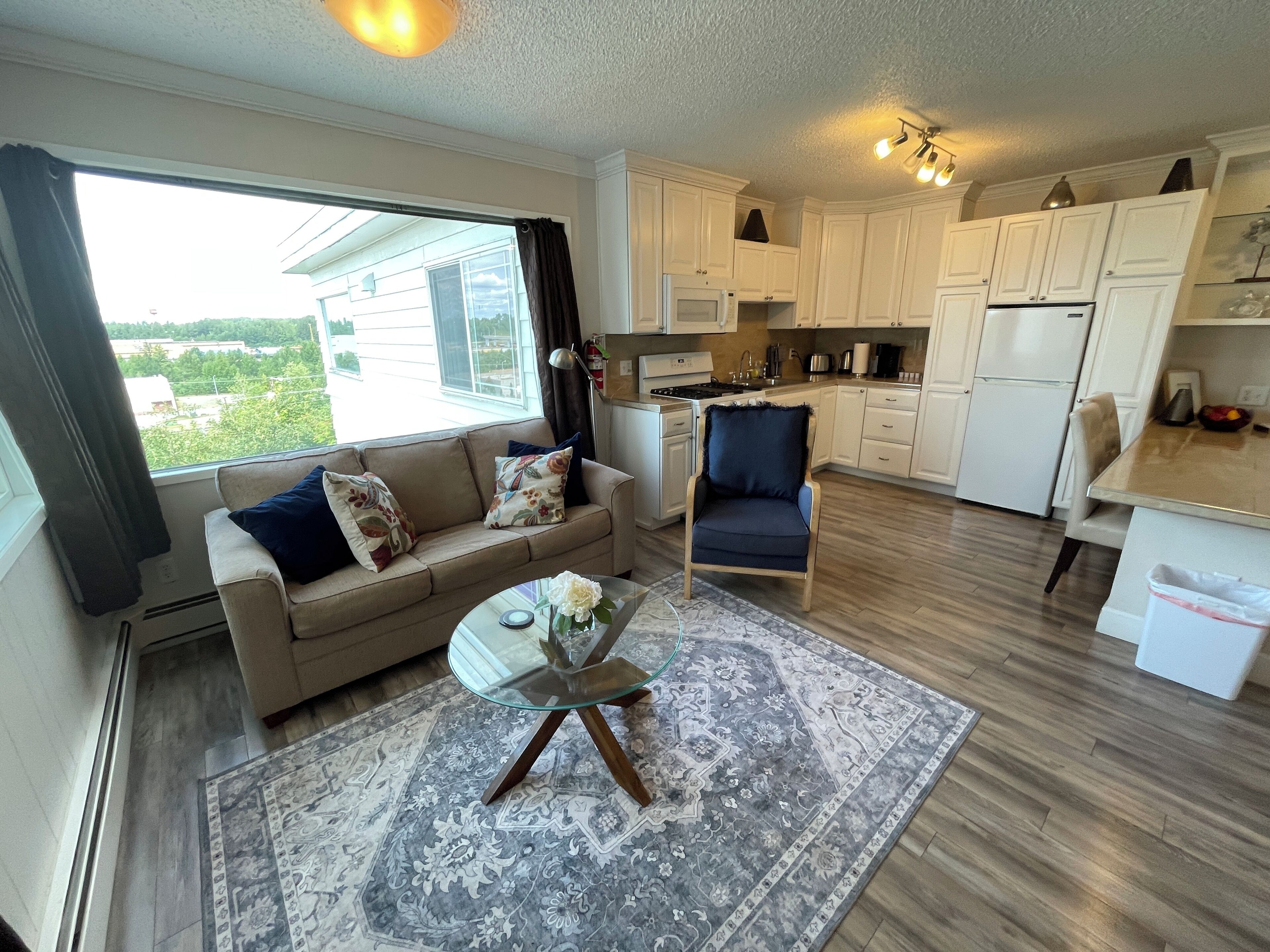 A compact living space with a sofa, a coffee table, a chair, and a kitchen area with cabinets and appliances.