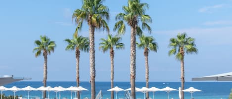 Una piscina al aire libre, una piscina infinita, sombrillas