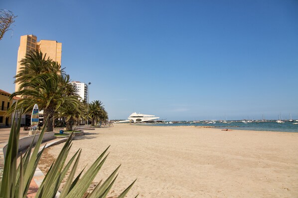Chaises longues, parasols, bar de plage