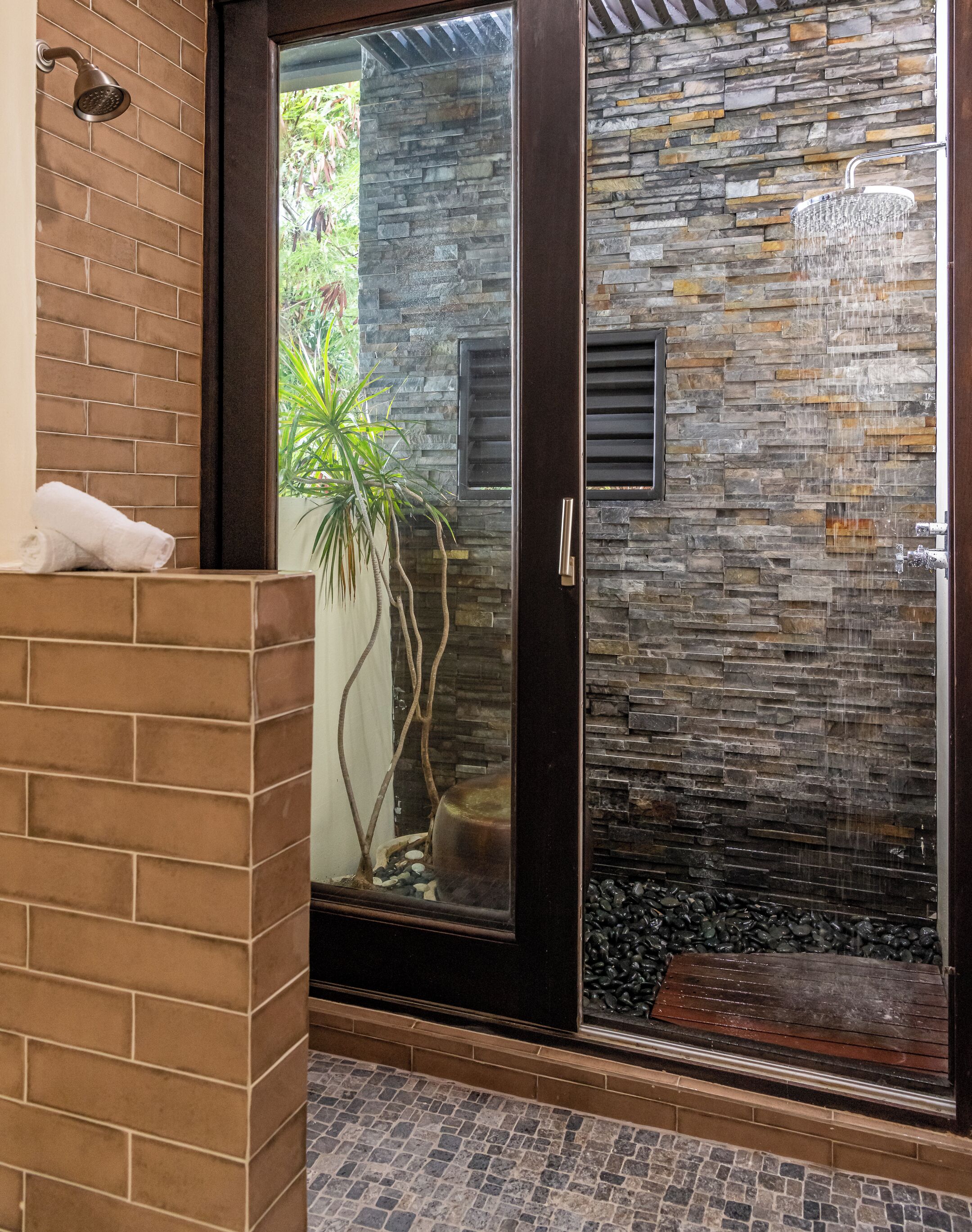 Un baño moderno con puerta de cristal, ducha y planta en maceta.