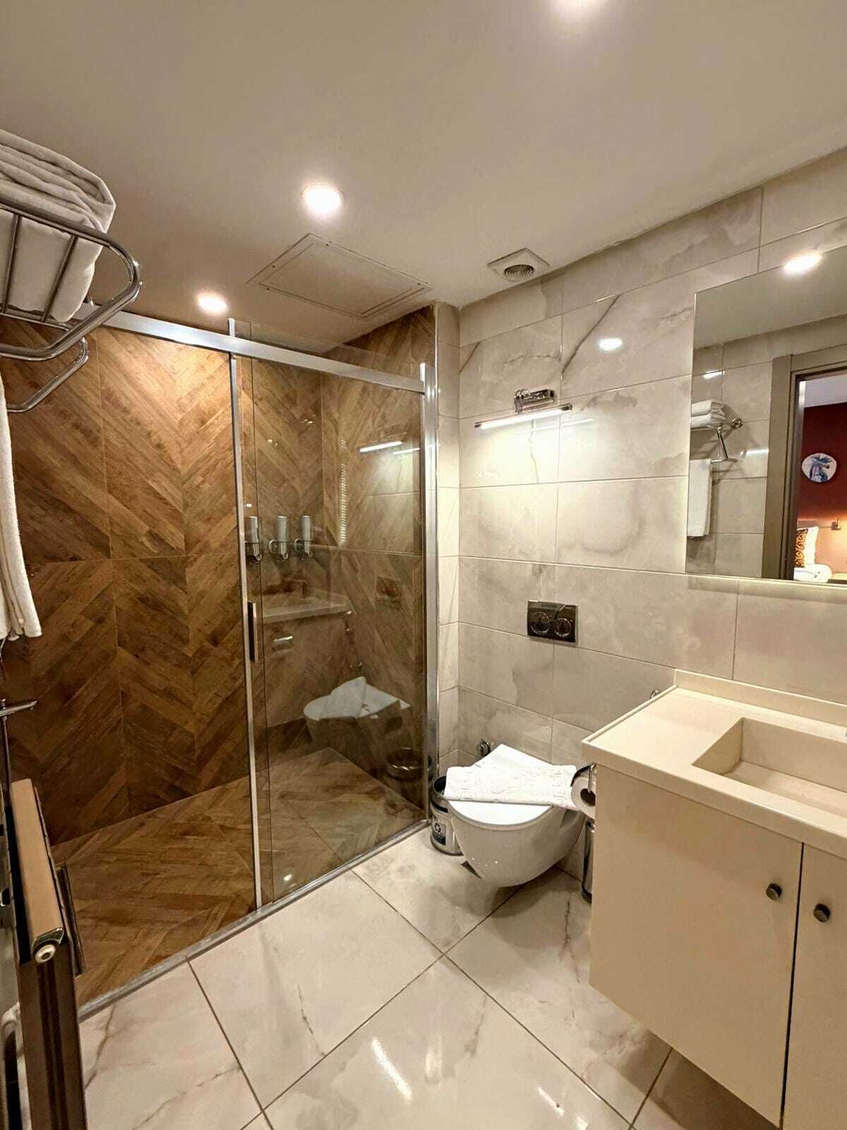 A modern bathroom with a glass shower enclosure, a toilet, and a vanity with a mirror.