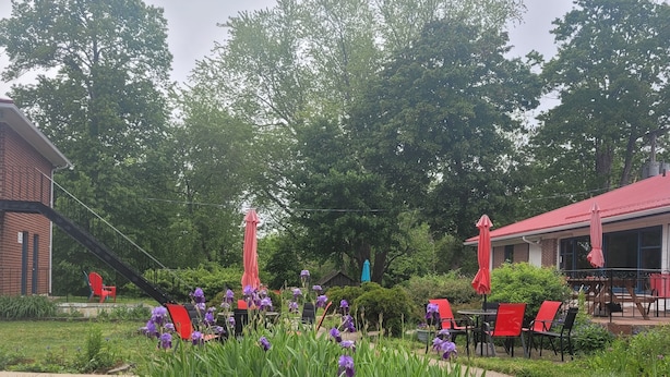 Un jardín con flores moradas, sillas rojas y un edificio de techo rojo.