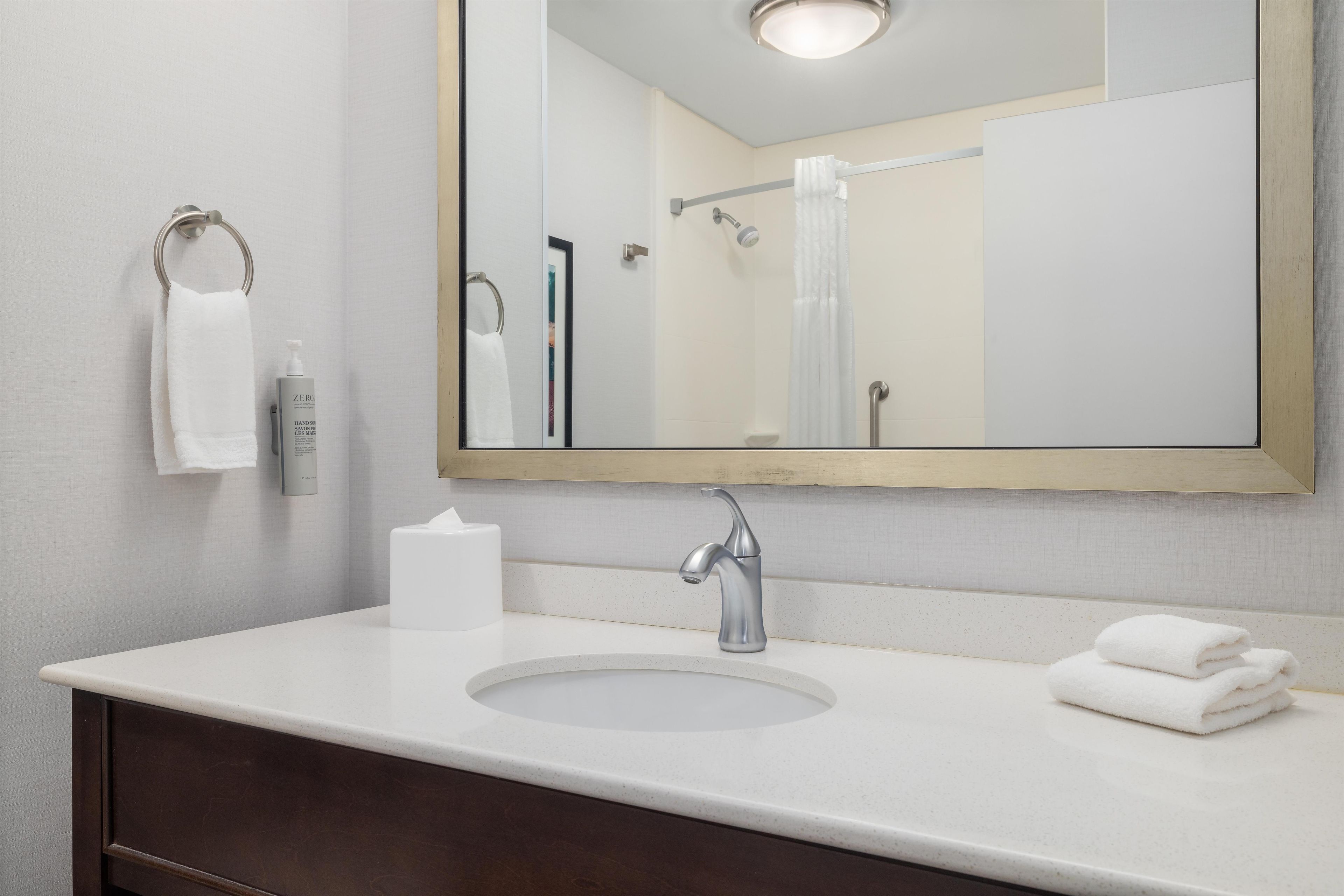 A bathroom with a sink, mirror, towel rack, and a bottle of hand soap.