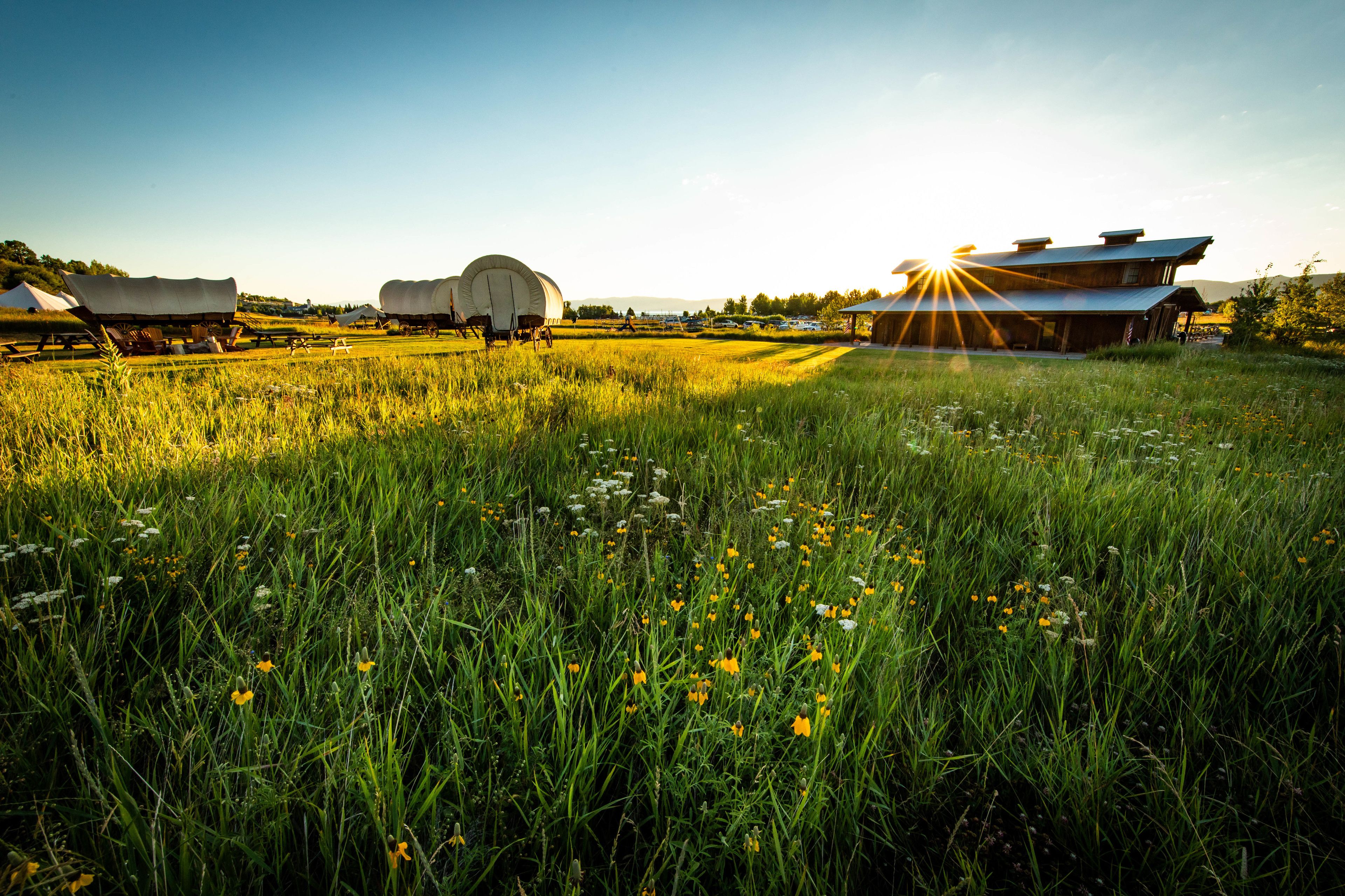 A rustic barn with a large open field in the foreground.