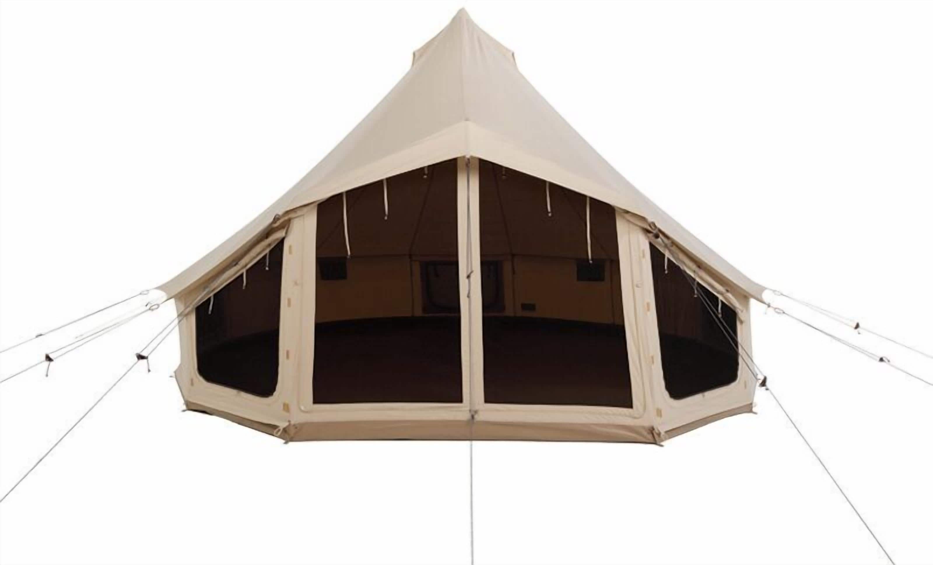 A large, pyramid-shaped tent with multiple windows and a central door, likely used for camping or events.