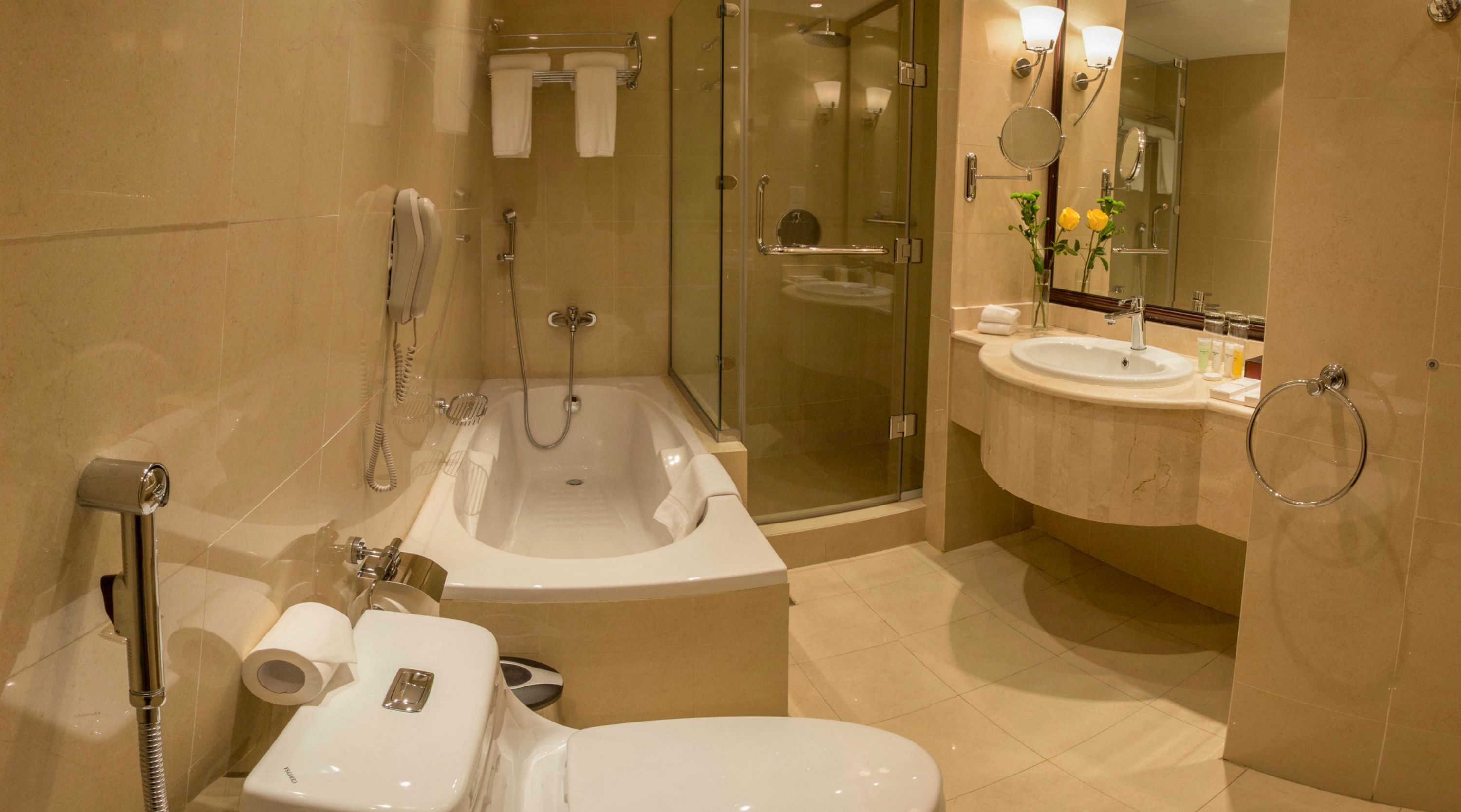 combined shower/bathtub, free toiletries, dressing gowns, slippers