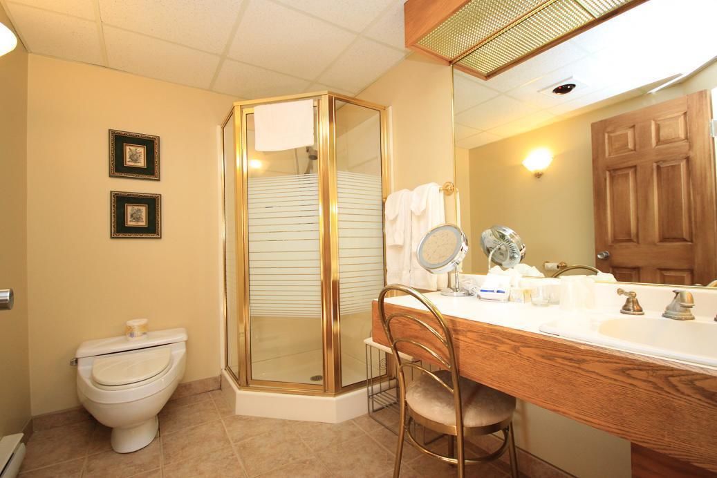 A bathroom with a toilet, a shower with a glass door, a vanity with a mirror, and a sink.