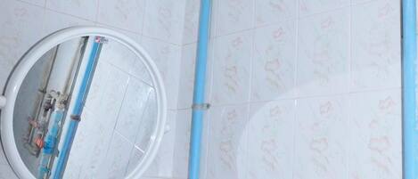 A bathroom with a shower, a mirror, and a toilet.