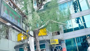 Entrada de hotel con un letrero digital, una señal amarilla y un amplio ventanal.