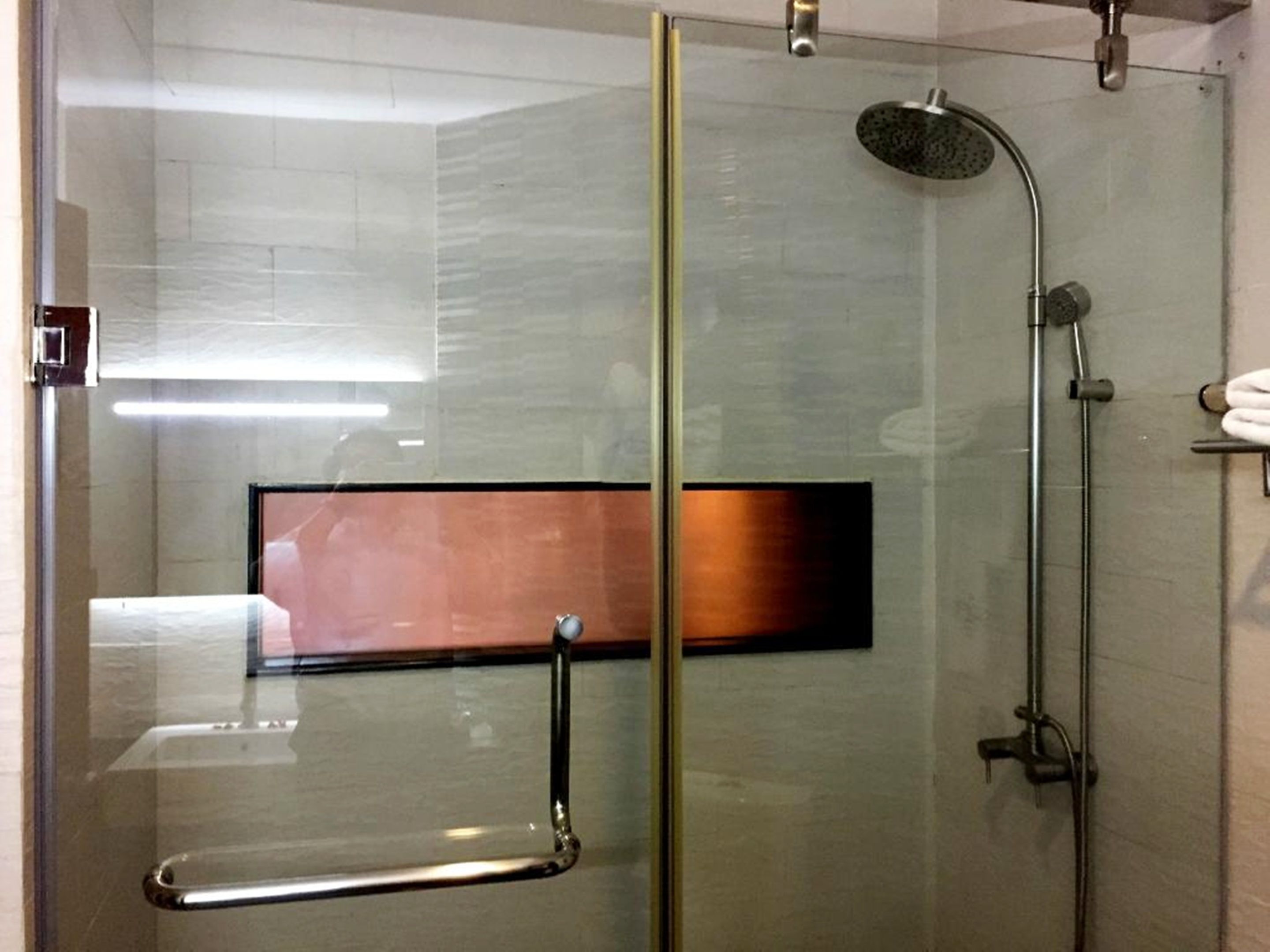 A glass-enclosed shower area with a handheld showerhead, a handheld showerhead, and a towel rack.